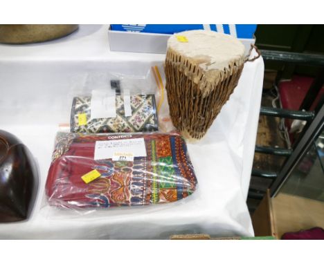 Kenyan hide covered drum, Kenyan dress and French tapestry purse 
