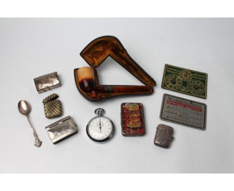 Vintage pipe, stopwatch, Vesta cases etc