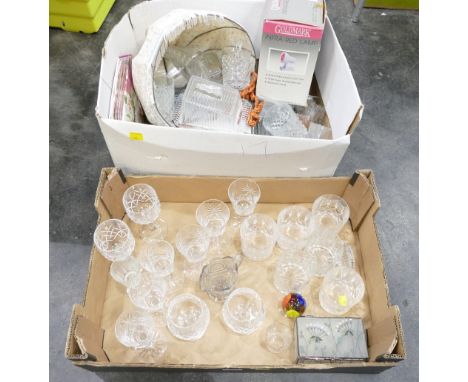 Two boxes of glassware, infra-red lamp, lamp shade, glass butter dishes etc