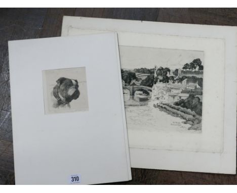 *charity lot*   Small square etching of an English bulldog with indistinct signature together with another etching of The Bri