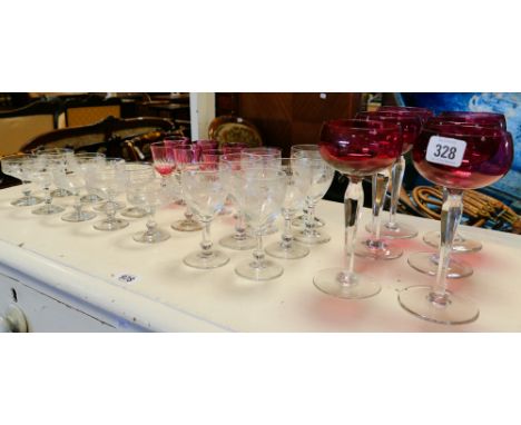 Set of 6 ruby hock glasses, 8 ruby wine glasses and 17 other engraved wine glasses