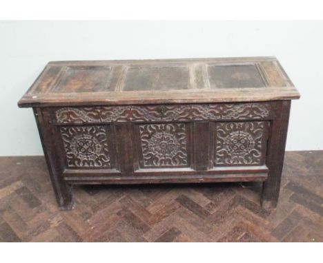 4' 4" antique carved oak 3 panel coffer