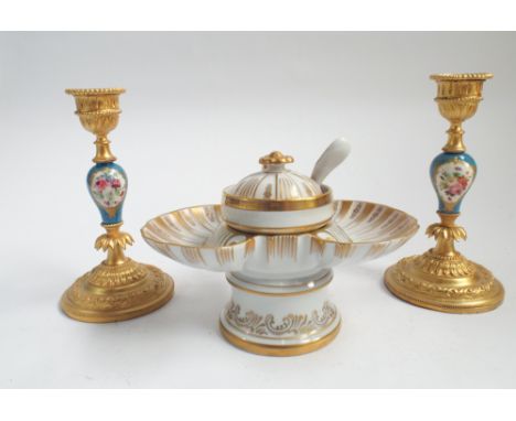 KPM porcelain caviar set, with shell shaped baskets and spoon decorated with gilding, together with a pair of blue Sevres sty
