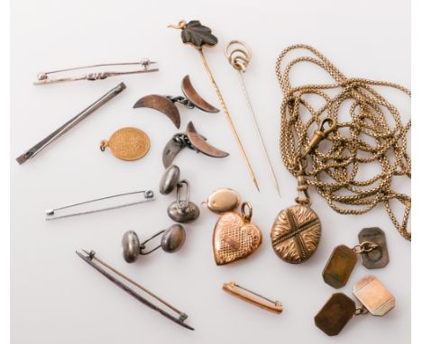 Collection of Victorian later jewellery to include silver cufflinks, gold front and back lockets, stick pins, long guard chai