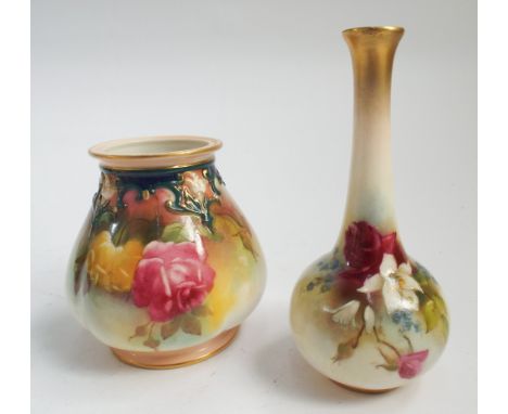 Royal Worcester bud vase decorated with floral sprays together with a Royal Worcester vase painted with roses.  Vase may have