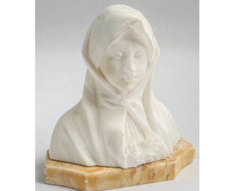 19th Century marble head and shoulders portrait sculpture of a female on a coloured marble base - measures approximately 20cm