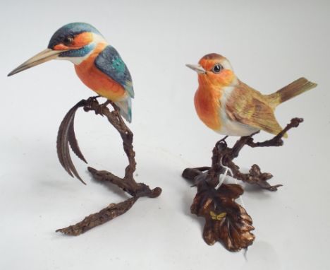 Two Royal Worcester Albany porcelain models of birds - Kingfisher & a Robin, both mounted on bronze effect metal branches.