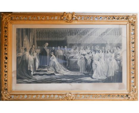 Large Victorian black and white print depicting the coronation of Victoria in a pierced gilt plaster frame with unicorn and l