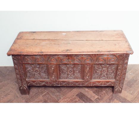 Late 17th century 3 panel carved oak coffer 3'4 wide  Condition - split in top 