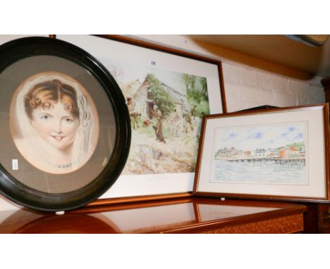 Oval Victorian print of a lady and various other prints