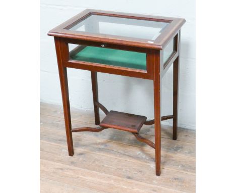 Edwardian mahogany bijouterie table banded with ebony& strung satinwood with shelf under together with Elizabeth II Coronatio