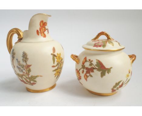 Royal Worcester  blush ivory flat back jug painted with flowers together with a similar covered sugar basin.