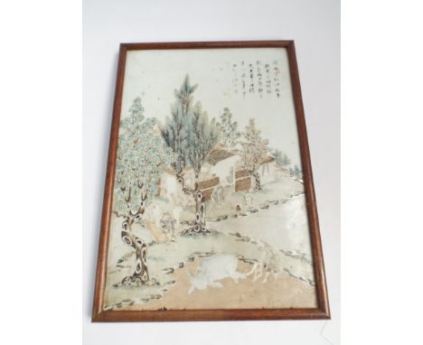 Chinese painted porcelain panel of a landscape scene with verse to top right hand corner - measures 37cm by 26cm  Some paint 