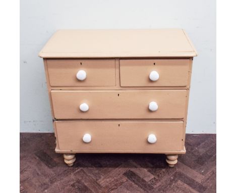 34" Victorian cream painted pine chest of 2 long and 2 short drawers with ceramic bun handles