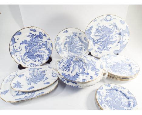 Extensive Royal Worcester dinner service decorated in a blue dragon design - consisting of 3 graduating meat plates, vegetabl