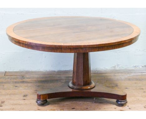 Victorian circular rosewood and satinwood banded snap over top breakfast or dining table on pillar and tripod base 