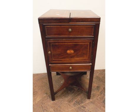 Georgian shell inlaid mahogany folding top wash stand with cupboard under, lower shelf and fold away interior mirror