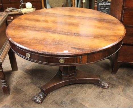 4' circular Victorian rosewood drum table fitted 2 drawers standing on pillar and tripod base with paw feet 