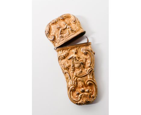 Victorian gilt metal Pince Nez case cast in relief with classical scenes with cabochon turquoise to the hinged lid, button cl
