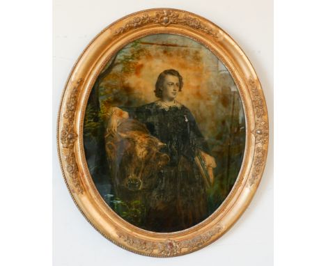 Three Victorian crystoleum style pictures, one of young Victoria with a Highland cow, the other a castle and landscape scene 