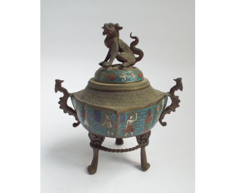 Oriental cloisonne enamel koro and cover with temple lion finial - measures 26cm high