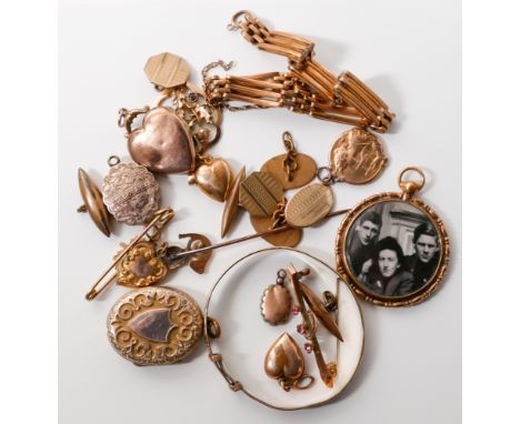 Gold front and back lockets, childs bangle, fox mask stock pin, rolled gold cufflinks etc. 