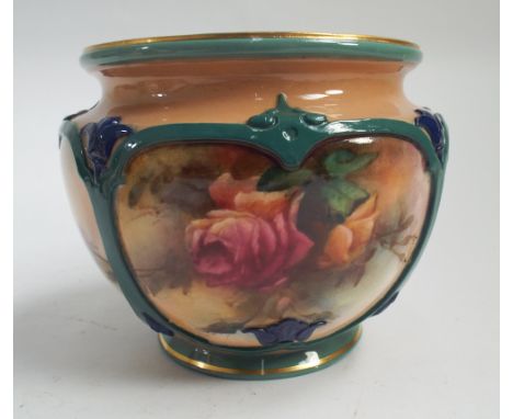 Royal Worcester Hadley ware squat vase, hand painted with roses within reserves, green printed mark to base -  Minute chip to