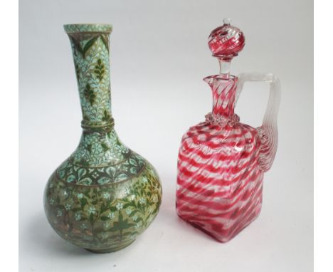 Victorian Nailsea ruby and clear glass claret jug, square bodied jug decorated in a wavy pattern, together with a Persian pot