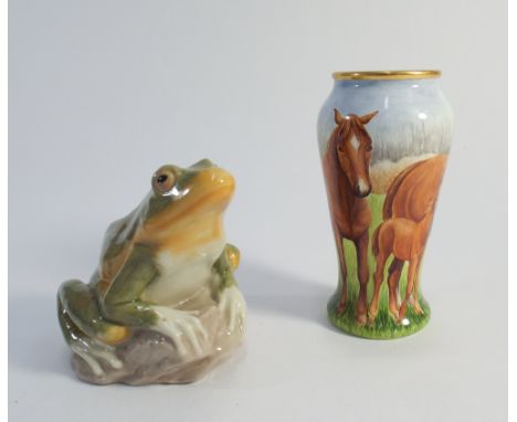 Lladro model of a frog together with a Moorcroft enamel vase- Copper -  decorated with Chestnut ponies by Fiona Bakewell, bot