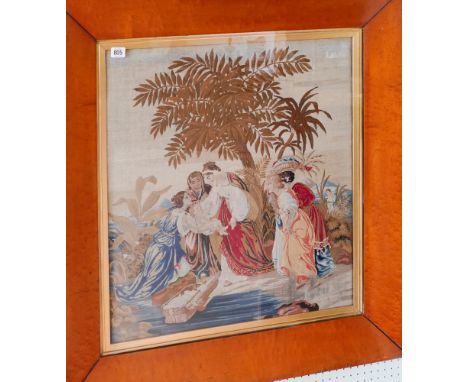 Large Victorian needlework panel depicting Moses in basket in birdseye maple square frame, needlework panel approx 70cm squar