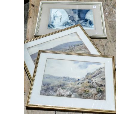Russell Flint print and a pair of watercolours of Dartmoor scenes, signed Stanley Cox 
