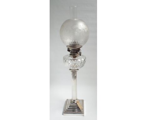 Quality silver plated Corinthian column oil lamp by Hinks and Son with glass bowl and decorative etched shade, 30" tall overa