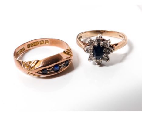 9ct rose gold 3 stone sapphire ring, size N together with 9ct gold sapphire and gold diamond cluster, size K