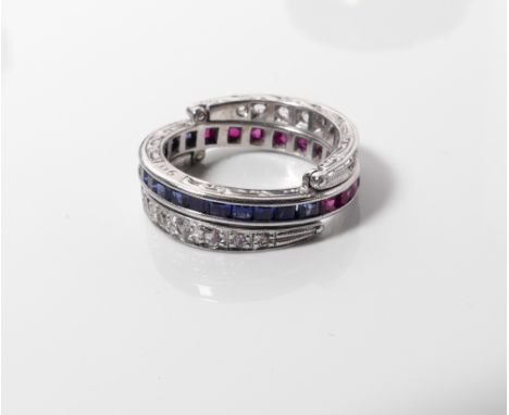 1930's art deco sapphire diamond and ruby cocktail night and day ring with hinged mechanism - size N  No obvious sign of repa