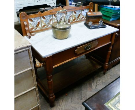 Edwardian satin walnut marble top washstand with tile panel back