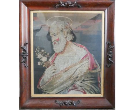 Large Victorian petite point embroidery panel depicting a Saint holding white rose spray in a rosewood and moulded frame - fr
