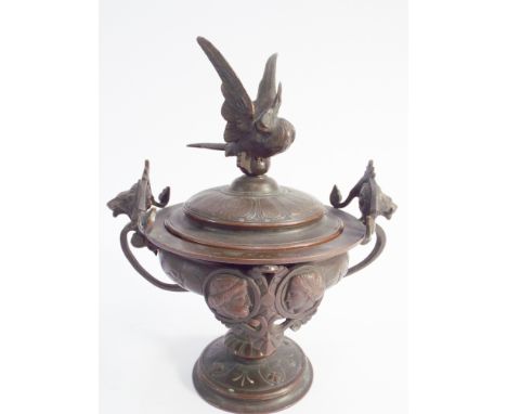 19th century bronze twin handled vase and cover with stork finial - height 20cm tall 