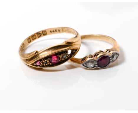 Art deco ruby and diamond 3 stone ring in a rub over setting - ring size I, together with Victorian 18ct gold ruby gypsy ring