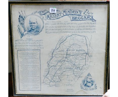 Boer war print on silk of the South African republic with sheet music 'The Absent Minded Beggar'