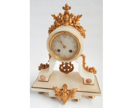 French striking mantel clock in white onyx and gilt mounted case 