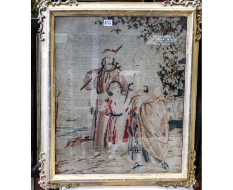 19th century silk and stump work picture (65 x 75cm including Victorian rosewood frame) depicting figures in a landscape toge