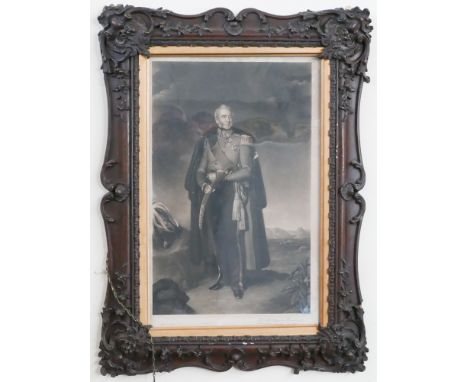 19th century monochrome print of a Major General, in a well carved frame with frame makers label G K Kent 93 x 67cm 