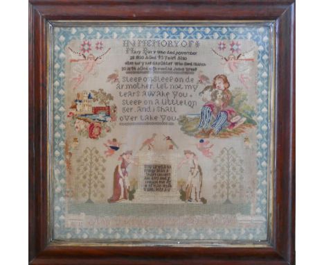 Victorian square needlework sampler in memory of Mary Bury dated 1850 in a rosewood frame.  Needlework panel measures approx 