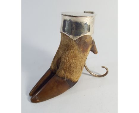 Edwardian silver mounted Roe deer slot inkwell, hinged lid inscribed 1904, 13cms tall