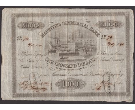 Mauritius Commercial Bank, $1000, 3 March 1841, serial number 74, black and white, dockyard scene at top centre, four manuscr