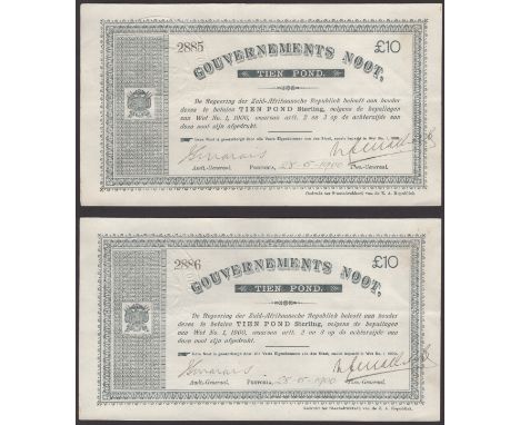 Gouvernements Noots, £10 (2), Pretoria, 28 May 1900, consecutive serial numbers 2885-86, light central bend, good extremely f
