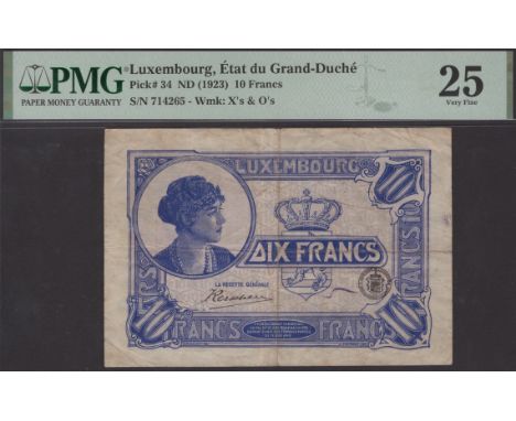 Etat du Grand-Duche de Luxembourg, 10 Francs, ND (1923), serial number 714265, Neyens and Kershen signatures, Grand Duchess C