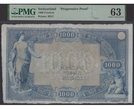Schweiserische Nationalbank, Switzerland, progressive proof for 1000 Franken, ND (1907, First Issue), blue and brown, Allegor
