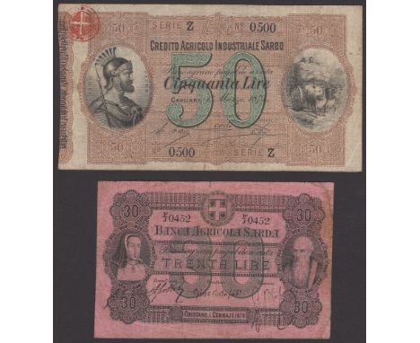Banca Agricola Sarda, 30 Lire, 1 January 18789 serial number F/J 0452, manuscript signatures below, also Credito Agricolo Ind