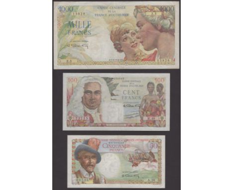 Caisse Centrale de la France d’Outre-Mer, French Equatorial Africa, 50, 100 and 1000 Francs, ND (1947), serial numbers A.16 0